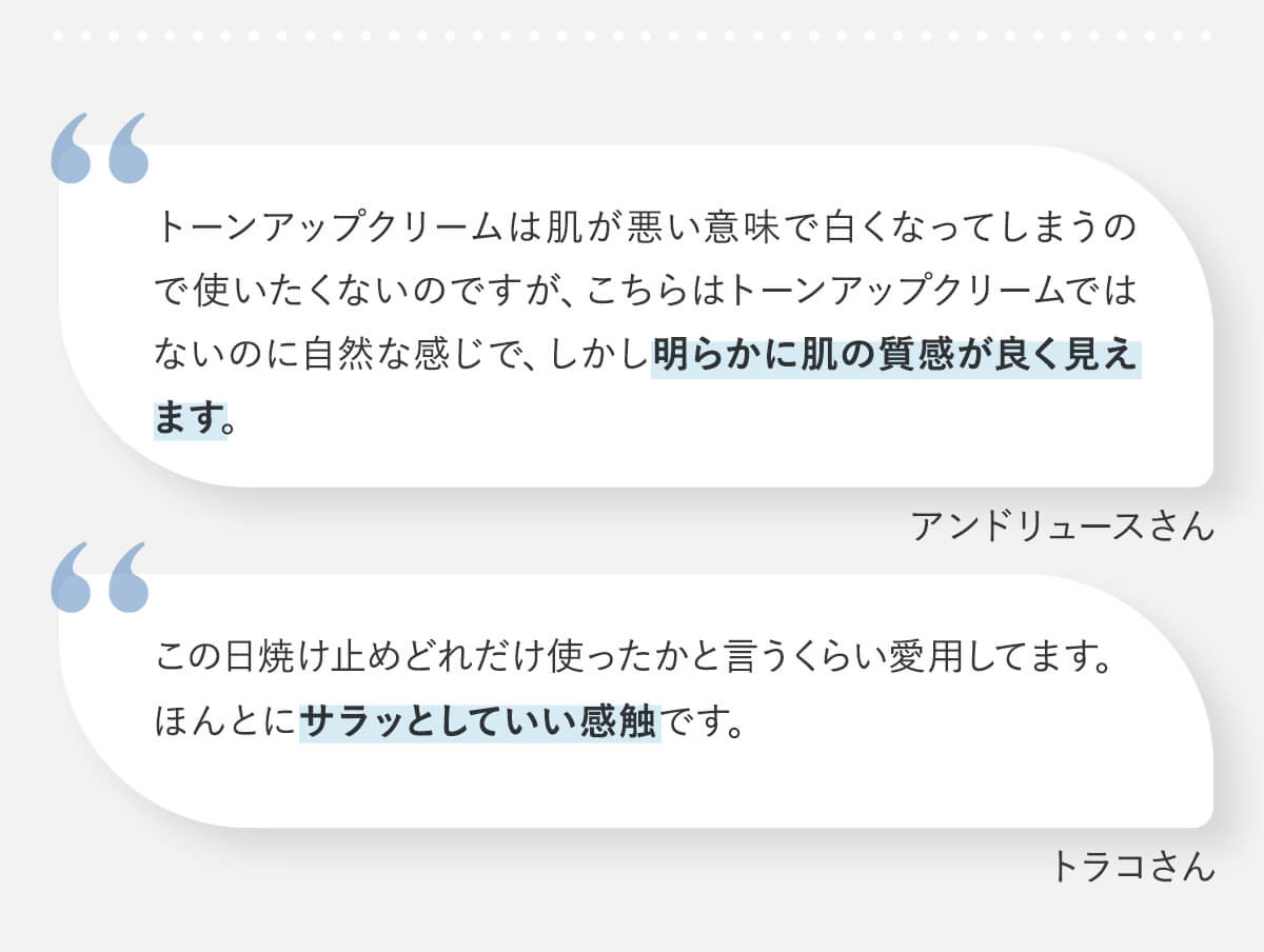 トーンアップクリームは肌が悪い意味で白くなってしまうので使いたくないのですが、こちらはトーンアップクリームではないのに自然な感じで、しかし明らかに肌の質感が良く見えます。(アンドリュースさん)/この日焼け止めどれだけ使ったかと言うくらい愛用してます。ほんとにサラッとしていい感触です。(トラコさん)