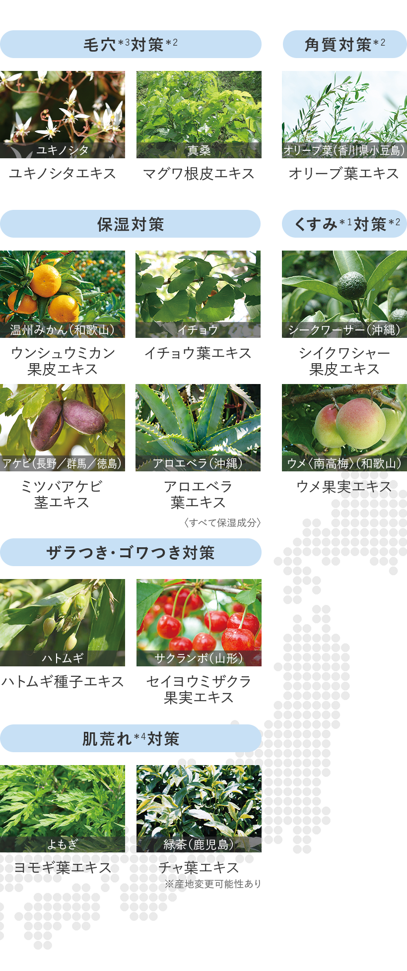 毛穴*³対策*² 角質対策*² ユキノシタエキス マグワ根皮エキス オリーブ葉エキス 保湿対策 くすみ*¹対策*² 温州みかん(和歌山) イチョウ葉エキス シイクワシャー(沖縄)果皮エキス ウンシュウミカン果皮エキス アケビ(長野/群馬/徳島) アロエベラ(沖縄) ウメ(南高梅)(和歌山) ミツバアケビ茎エキス アロエベラ葉エキス ウメ果実エキス (すべて保湿成分) ザラつき・ゴワつき対策 ハトムギ サクランボ(山形) ハトムギ種子エキス セイヨウミザクラ果実エキス 肌荒れ*⁴対策 よもぎ 緑茶(鹿児島) ヨモギ葉エキス チャ葉エキス ※産地変更可能性あり