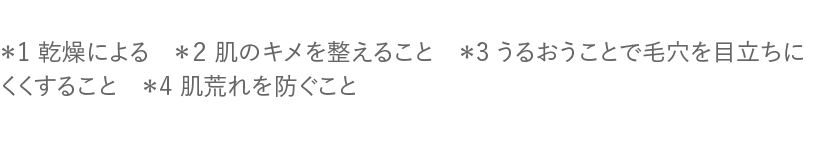  *1 乾燥による *2 肌のキメを整えること *3 うるおうことで毛穴を目立ちにくくすること *4 肌荒れを防ぐこと 
