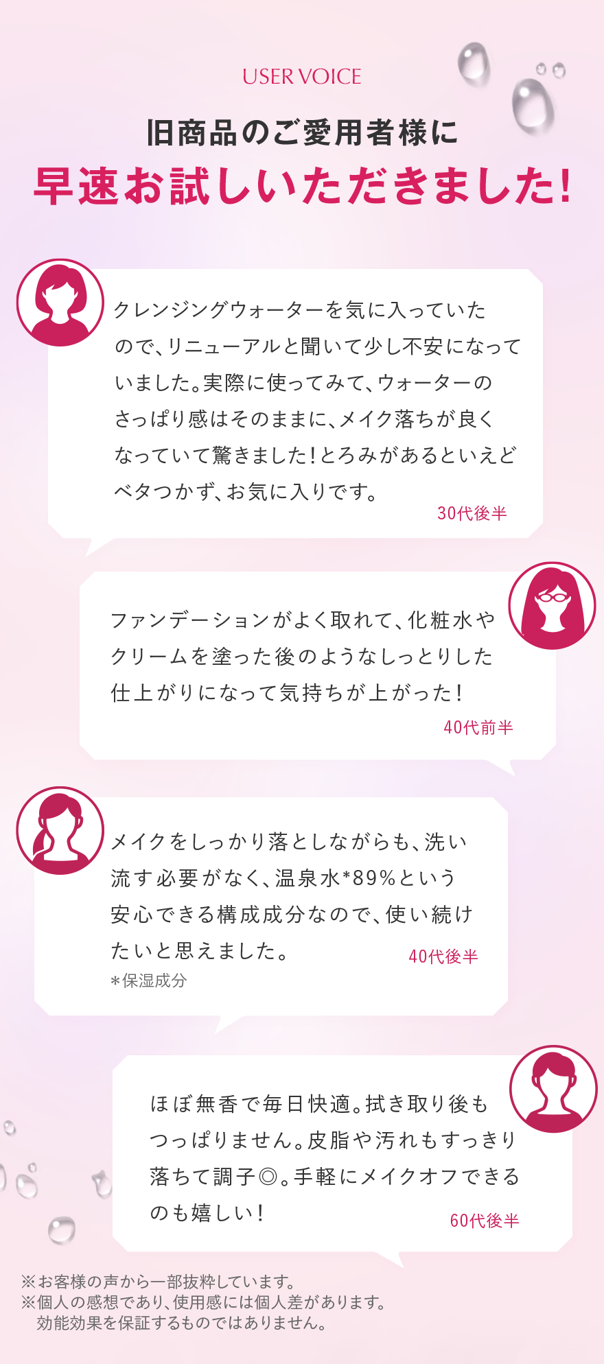 USER VOICE 旧商品のご愛用者様に早速お試しいただきました！ クレンジングウォーターを気に入っていたので、リニューアルと聞いて少し不安になっていました。実際に使ってみて、ウォーターのさっぱり感はそのままに、メイク落ちが良くなっていて驚きました！とろみがあるといえどベタつかず、お気に入りです。 30代後半 ファンデーションがよく取れて、化粧水やクリームを塗った後のようなしっとりした仕上がりになって気持ちが上がった！ 40代前半 メイクをしっかり落としながらも、洗い流す必要がなく、温泉水*89%という安心できる構成成分なので、使い続けたいと思えました。 40代後半 *保湿成分 ほぼ無香で毎日快適。拭き取り後もつっぱりません。皮脂や汚れもすっきり落ちて調子◎。手軽にメイクオフできるのも嬉しい！ 60代後半 ※お客様の声から一部抜粋しています。 ※個人の感想であり、使用感には個人差があります。効能効果を保証するものではありません。