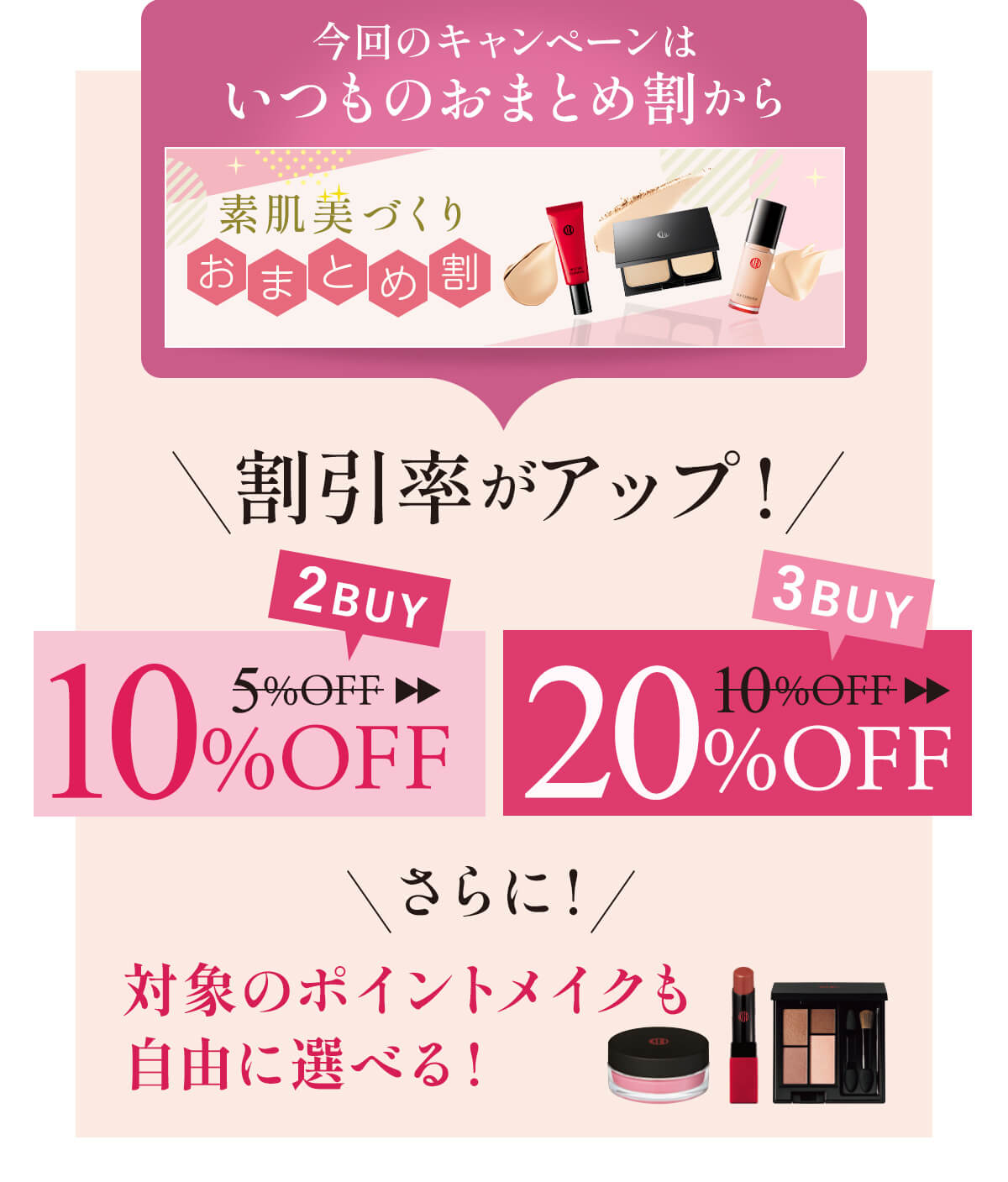 今回のキャンペーンはいつものおまとめ割から、割引率がアップ!対象のポイントメイクも自由に選べる!