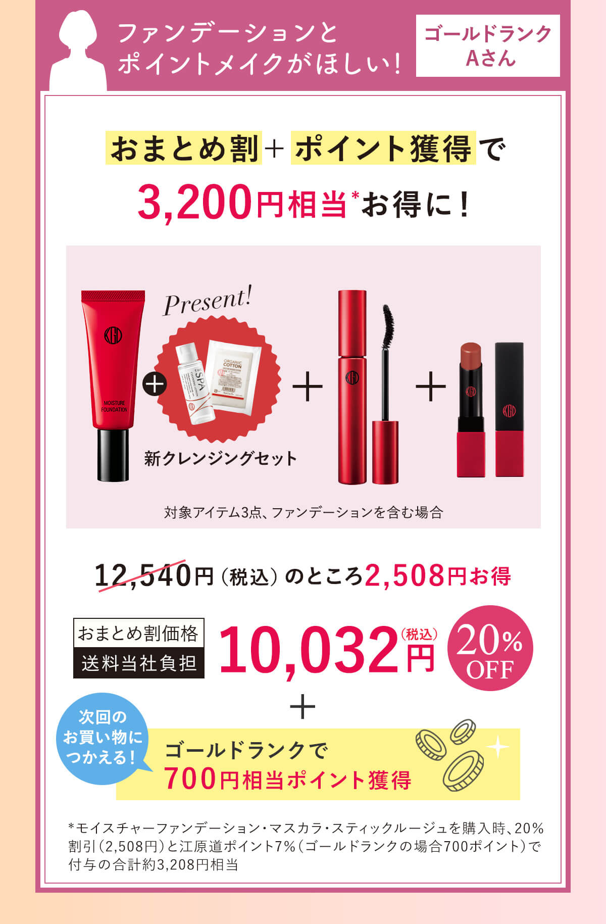 ファンデーションとポイントメイクがほしい！ゴールドランクAさん・・・おまとめ割＋ポイント獲得で3,200円相当お得に！