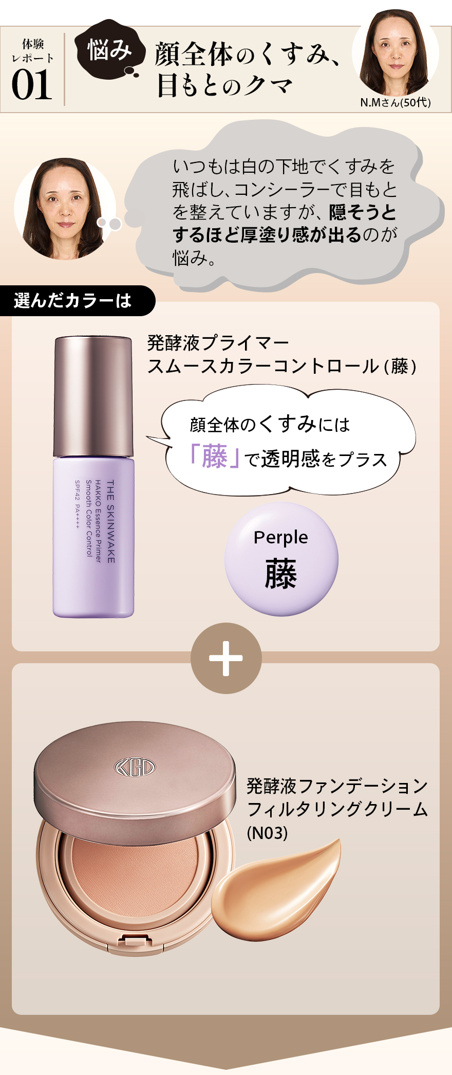 体験レポート01悩み顔全体のくすみ、目もとのクマ発酵液プライマースムースカラーコントロール(藤)顔全体のくすみには「藤」で透明感をプラス発酵液ファンデーションフィルタリングクリーム(N03)