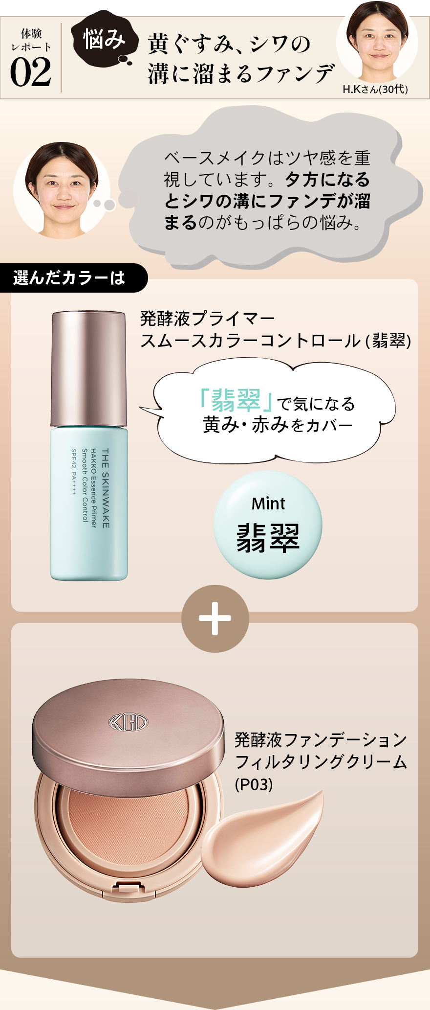 体験レポート02悩み黄ぐすみ、シワの溝に溜まるファンデベースメイクはツヤ感を重視しています。夕方になるとシワの溝にファンデが溜まるのがもっぱらの悩み。選んだカラーは発酵液プライマースムースカラーコントロール(翡翠)「翡翠」で気になる黄み・赤みをカバー発酵液ファンデーションフィルタリングクリーム(P03)