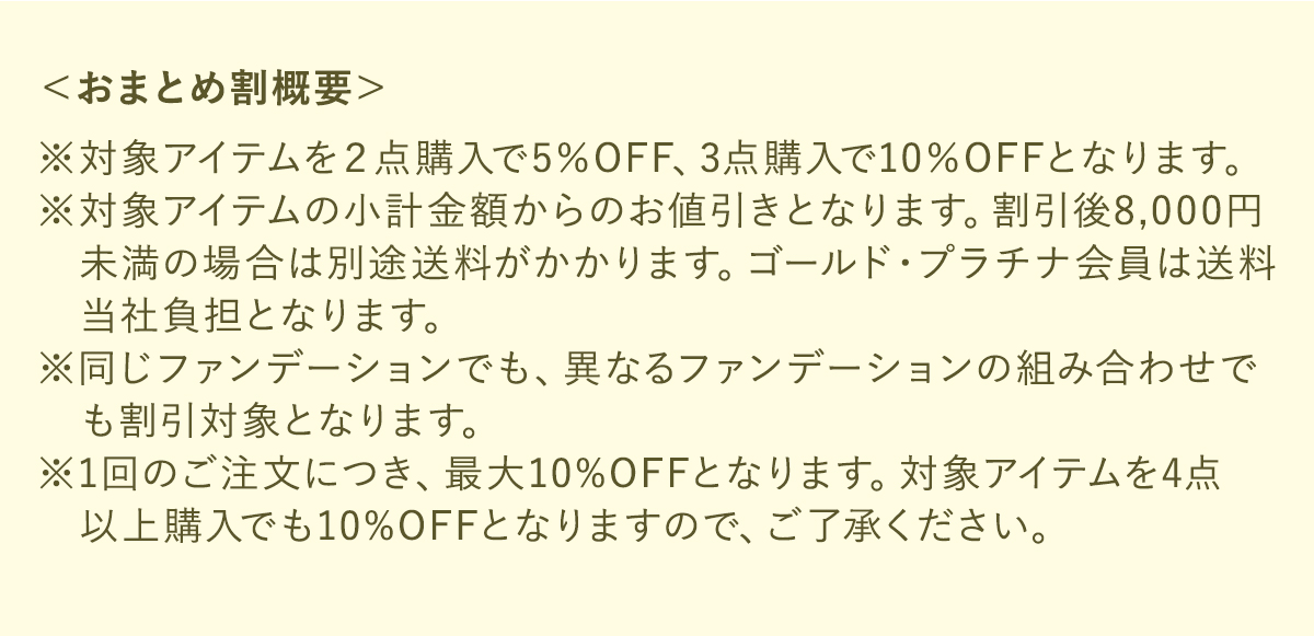 ＜おまとめ割概要＞対象アイテムを２点購入で5％OFF、3点購入で10％OFFとなります。対象アイテムの小計金額からのお値引きとなります。割引後8,000円未満の場合は別途送料がかかります。ゴールド・プラチナ会員は送料当社負担となります。
