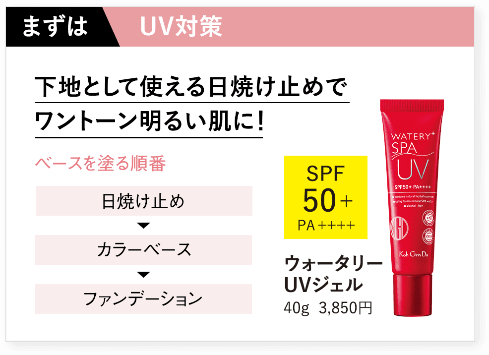 まずはUV対策「下地として使える日焼け止めでワントーン明るい肌に！」ウォータリーUVジェル SPF50+ PA++++ 40g 3,850円【ベースを塗る順番：日焼け止め 〉カラーベース 〉ファンデーション】