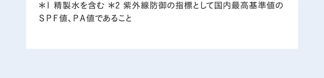 ＊1 精製水を含む ＊2 紫外線防御の指標として国内最高基準値のＳＰＦ値、ＰＡ値であること