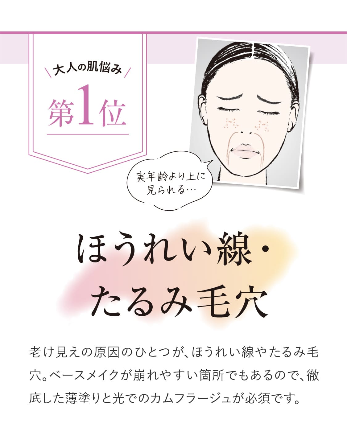 【大人の肌悩み第1位 ほうれい線・たるみ毛穴】老け見えの原因のひとつが、ほうれい線やたるみ毛穴。ベースメイクが崩れやすい箇所でもあるので、徹底した薄塗りと光でのカムフラージュが必須です。