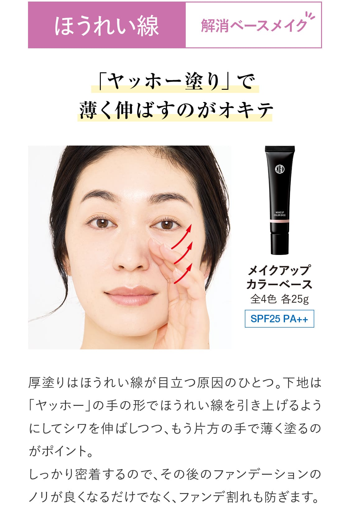 【ほうれい線解消ベースメイク】「ヤッホー塗り」で薄く伸ばすのがオキテ。厚塗りはほうれい線が目立つ原因のひとつ。下地は「ヤッホー」の手の形でほうれい線を引き上げるようにしてシワを伸ばしつつ、もう片方の手で薄く塗るのがポイント。しっかり密着するので、その後のファンデーションのノリが良くなるだけでなく、ファンデ割れも防ぎます。｜【メイクアップ カラーベース】全4色 各25g SPF25 PA++