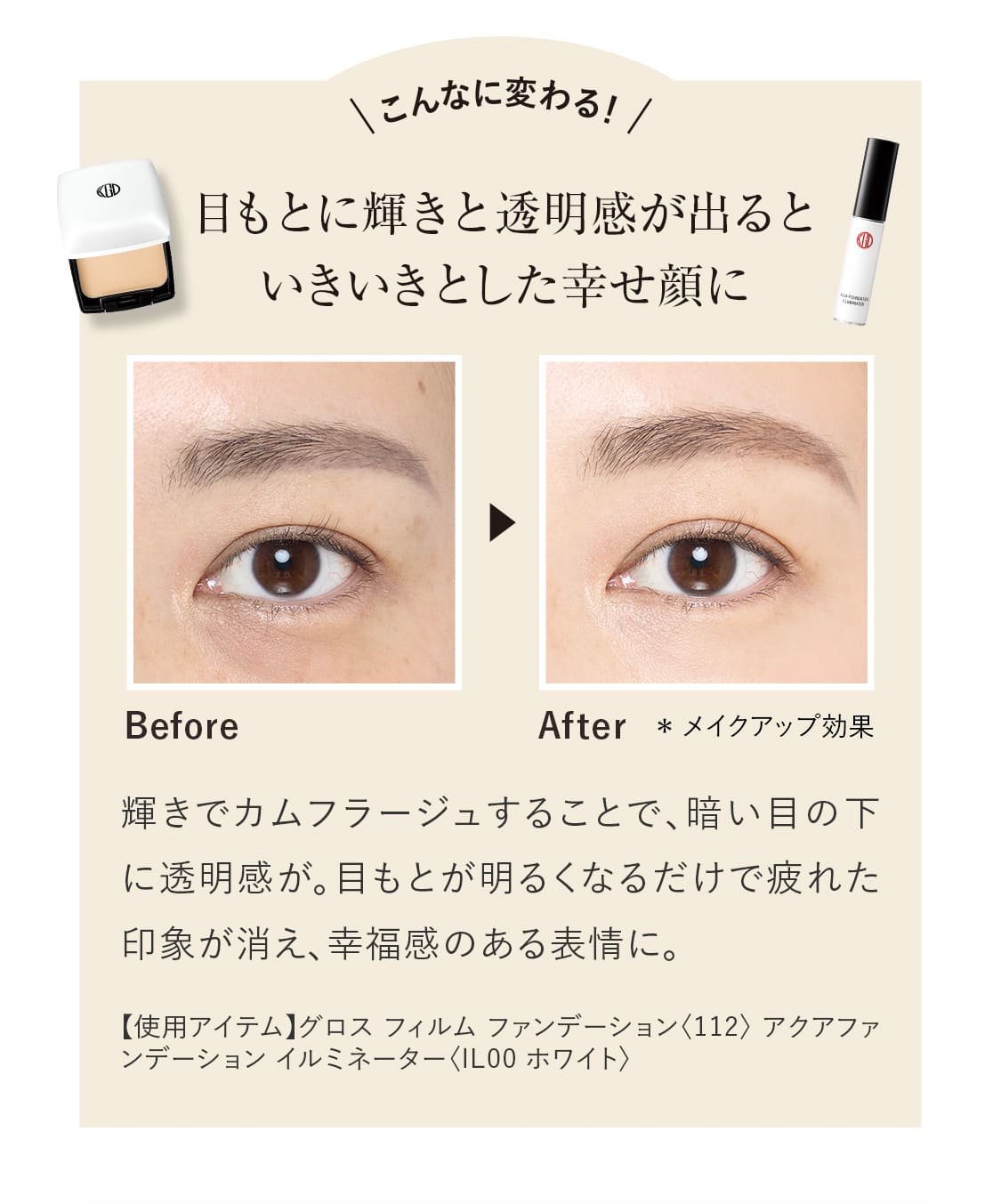 こんなに変わる！「目もとに輝きと透明感が出るといきいきとした幸せ顔に」輝きでカムフラージュすることで、暗い目の下に透明感が。目もとが明るくなるだけで疲れた印象が消え、幸福感のある表情に。