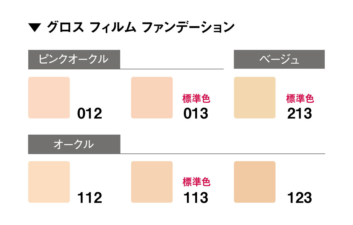 【▼グロス フィルム ファンデーション】ピンクオークル：012/013(標準色)　ベージュ：213(標準色)　オークル：112/113(標準色)/123