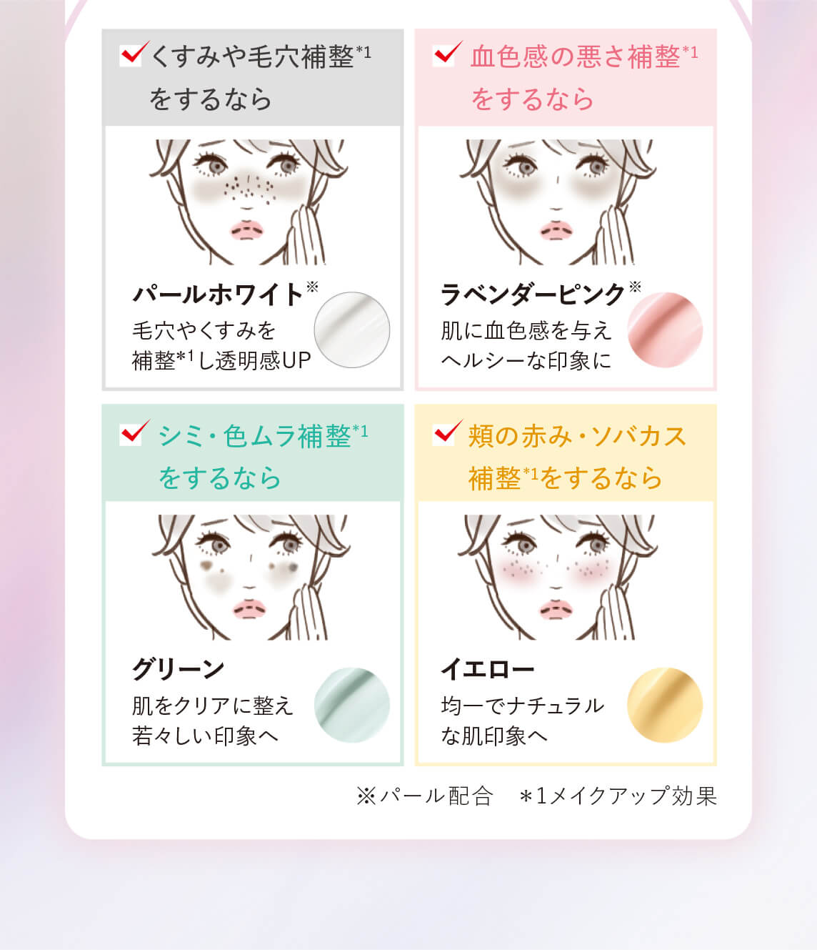 肌悩みに合わせてカラーをお選びいただけます。パールホワイト/ラベンダーピンク/グリーン/イエロー　※パール配合　＊1メイクアップ効果
