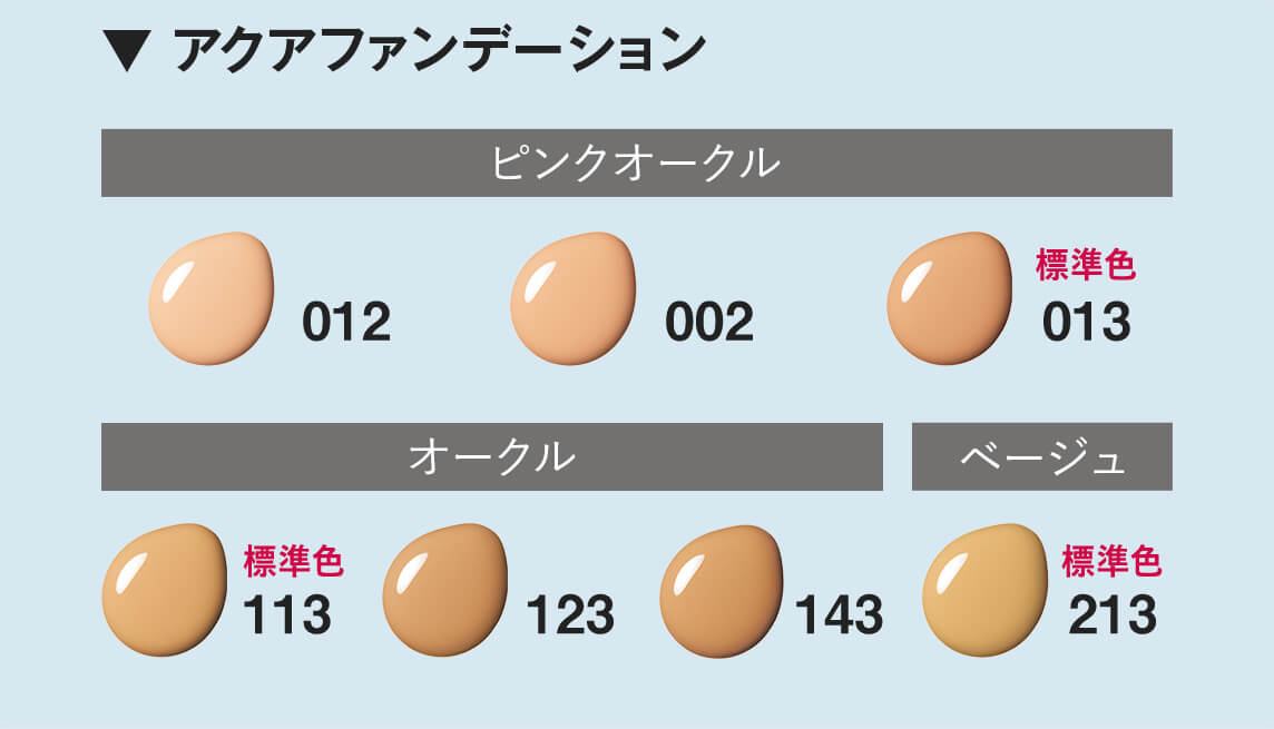 【▼ アクアファンデーション】ピンクオークル：012/002/013標準色　オークル：113標準色/123/143　ベージュ：213標準色