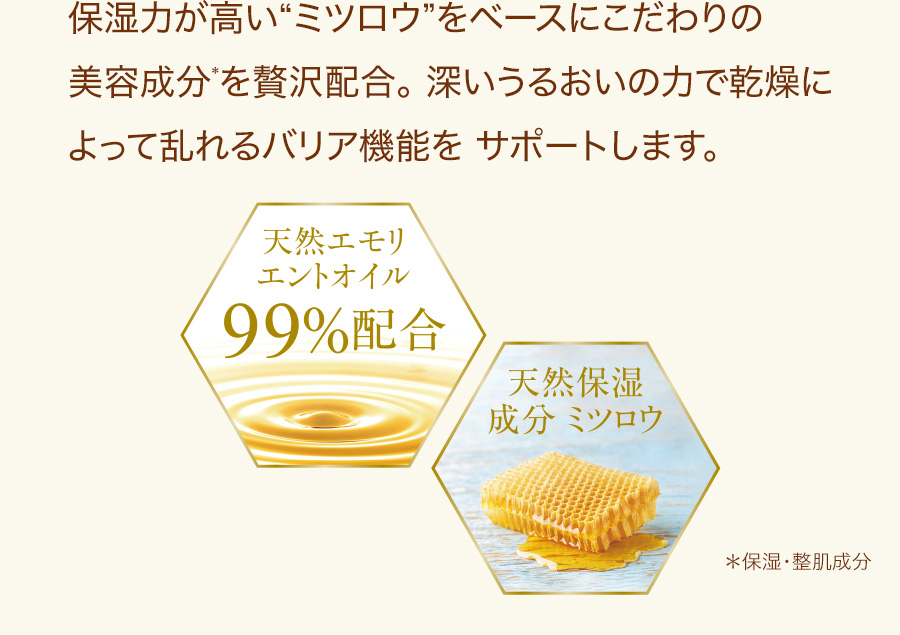 保湿力が高い“ミツロウ”をベースにこだわりの美容成分を贅沢配合。深いうるおいの力で乾燥によって乱れるバリア機能をサポートします。