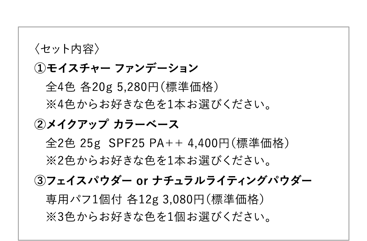 〈セット内容〉1.モイスチャー ファンデーション 全4色 各20g 5,280円（標準価格）※4色からお好きな色を1本お選びください。 2.メイクアップ カラーベース 全2色 25g SPF25 PA++ 4,400円（標準価格） ※2色からお好きな色を1本お選びください。 3.フェイスパウダー or ナチュラルライティングパウダー 専用パフ1個付 各12g 3,080円（標準価格） ※3色からお好きな色を1個お選びください。