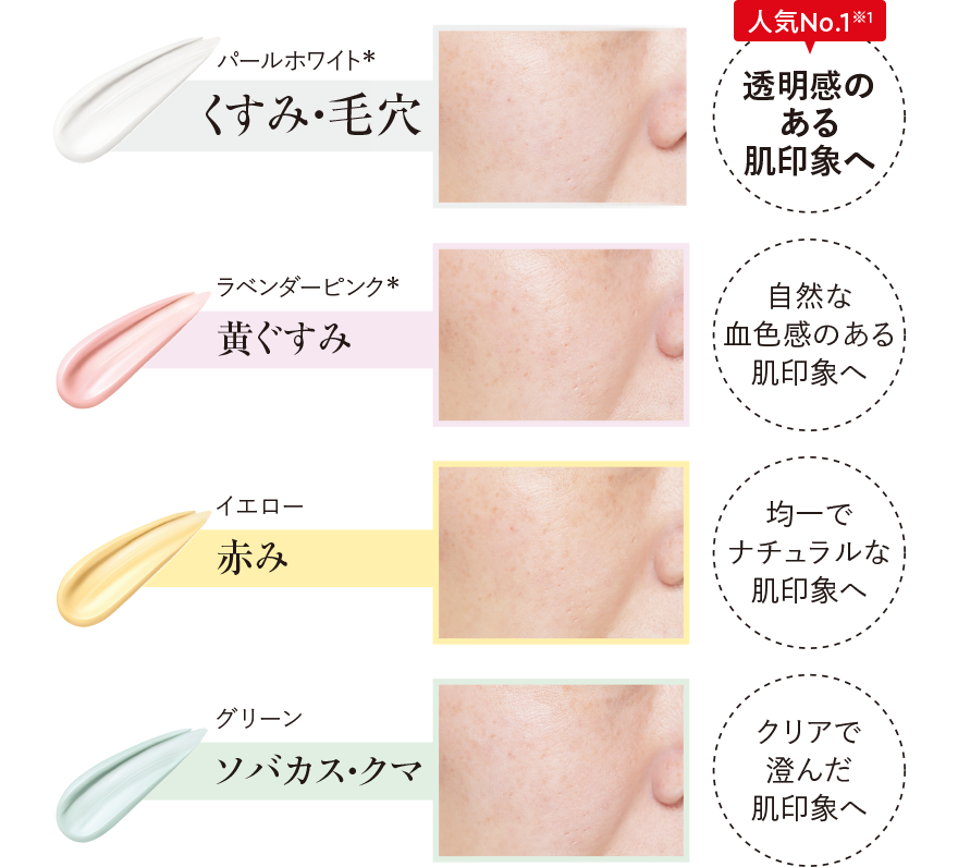 パールホワイト＊：くすみ・毛穴 ラベンダーピンク＊：黄ぐすみ イエロー：赤み グリーン：ソバカス・クマ