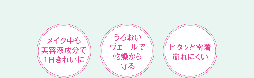 メイク中も 美容液成分で 1日きれいに/うるおいヴェールで乾燥から守る/ピタッと密着 崩れにくい