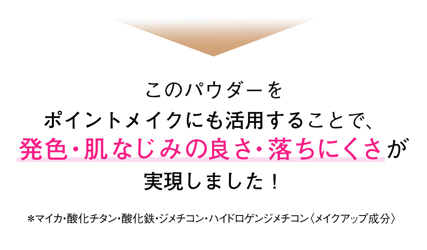 このパウダーをポイントメイクにも活用することで、発色・肌なじみの良さ・落ちにくさが実現しました！＊マイカ・酸化チタン・酸化鉄・ジメチコン・ハイドロゲンジメチコン〈メイクアップ成分〉