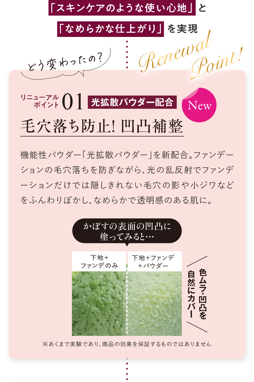 リニューアルポイント01 光拡散パウダー配合 毛穴落ち防止！ 凹凸補整