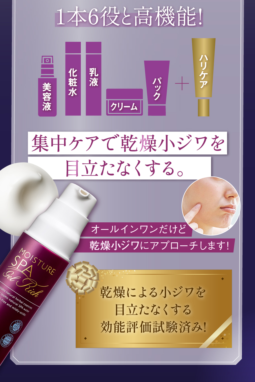 １本6役と高機能!集中ケアで乾燥小じわを目立たなくする。オールインワンだけど乾燥小じわにアプローチします！＊1 角質層まで ＊2 乾燥による小ジワを目立たなくする効能評価試験済み＊3 乾燥やハリ不足 