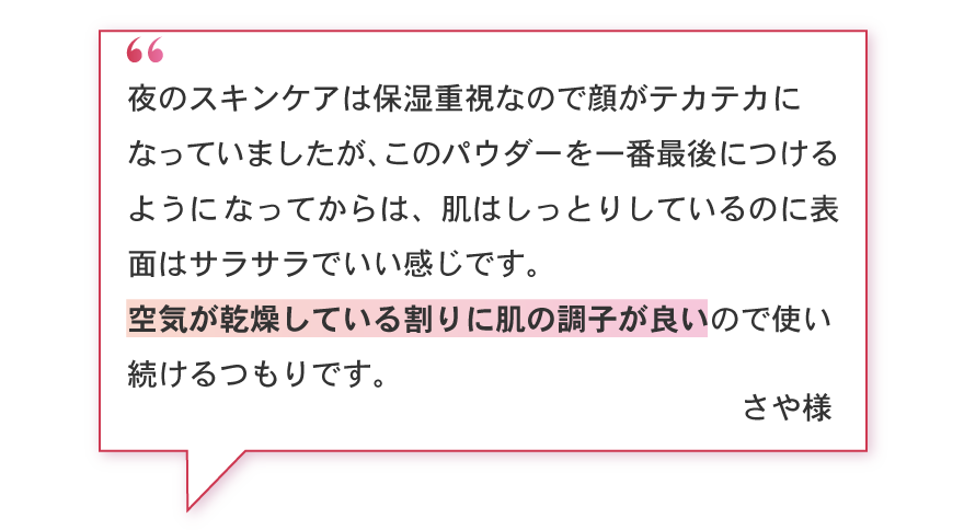夜のスキンケアは保湿重視なので顔がテカテカになっていましたが、このパウダーを一番最後につけるようになってからは、肌はしっとりしているのに表面はサラサラでいい感じです。空気が乾燥している割りに肌の調子が良いので使い続けるつもりです。