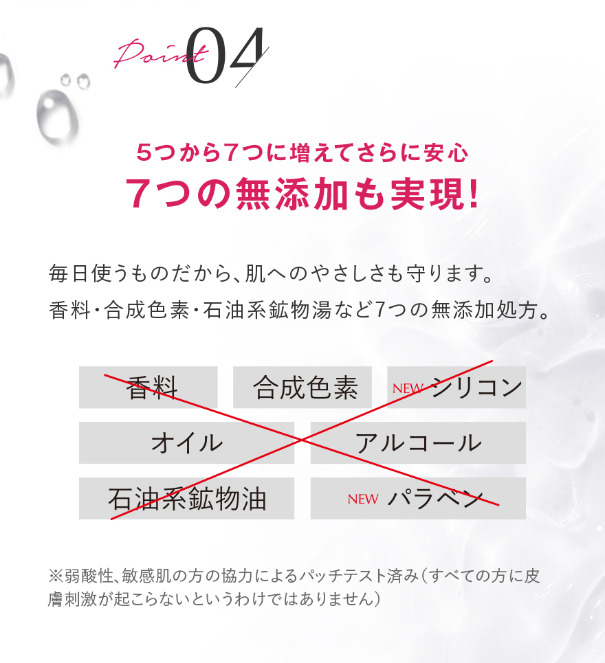 Point 04 5つから7つに増えてさらに安心 7つの無添加も実現！ 毎日使うものだから、肌へのやさしさも守ります。 香料・合成色素・石油系鉱物湯など7つの無添加処方。 香料 合成色素 NEW シリコン オイル アルコール 石油系鉱物油 NEW パラベン ※弱酸性、敏感肌の方の協力によるパッチテスト済み(すべての方に皮膚刺激が起こらないというわけではありません)