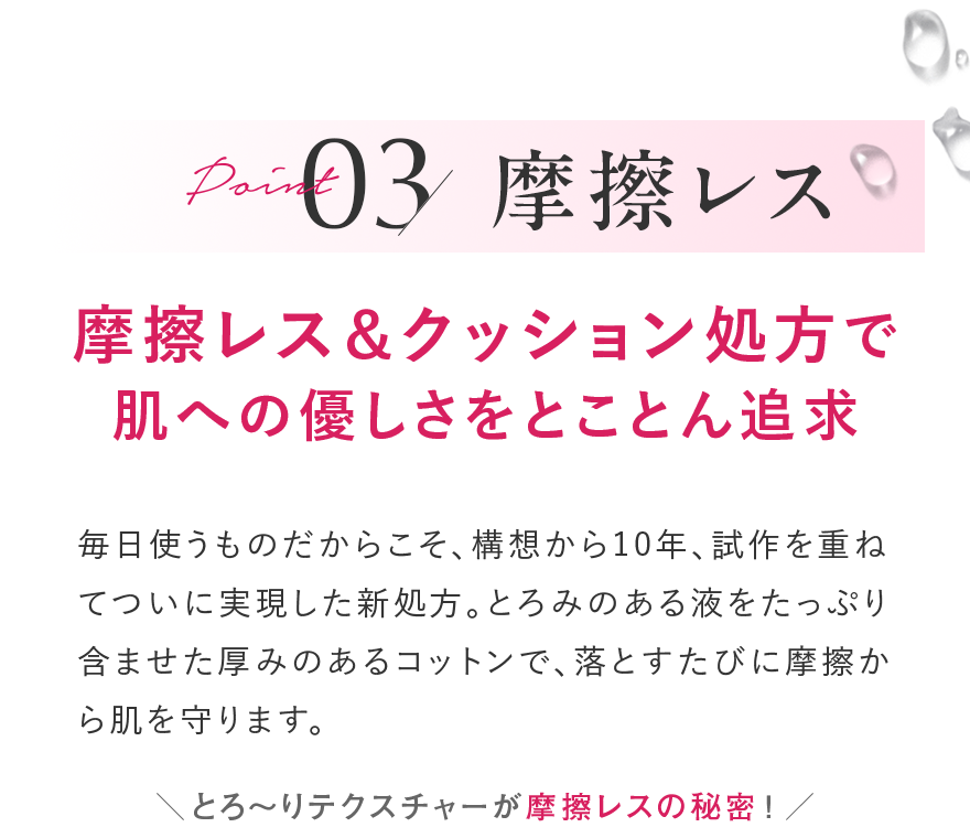Point 03 摩擦レス＆クッション処方で肌への優しさをとことん追求 毎日使うものだからこそ、構想から10年、試作を重ねてついに実現した新処方。とろみのある液をたっぷり含ませた厚みのあるコットンで、落とすたびに摩擦から肌を守ります。 摩擦レス！ とろみのある液がコットンと肌の間でクッションに！ ※イメージ お肌への使用感イメージ 肌