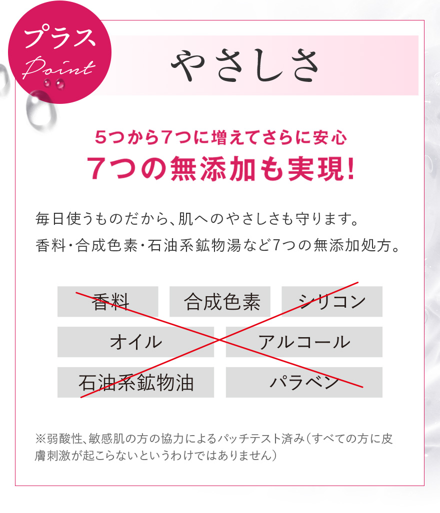 Plus point 5つから7つに増えてさらに安心 7つの無添加も実現！ 毎日使うものだから、肌へのやさしさも守ります。 香料・合成色素・石油系鉱物湯など7つの無添加処方。 香料 合成色素 NEW シリコン オイル アルコール 石油系鉱物油 NEW パラベン ※弱酸性、敏感肌の方の協力によるパッチテスト済み(すべての方に皮膚刺激が起こらないというわけではありません)