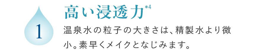 1 高い浸透力*4 温泉水の粒子の大きさは、精製水より微小。素早くメイクとなじみます。
