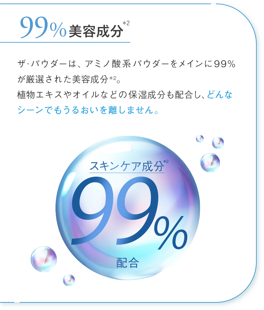 肌負担感・べたつき感0。サラサラで密度の高いパウダーは、軽いつけ心地で肌負担感はゼロ。スキンケア後のベタつきを抑えながらもしっかりと乾燥を防ぐから、メイク後の仕上げにもぴったり。