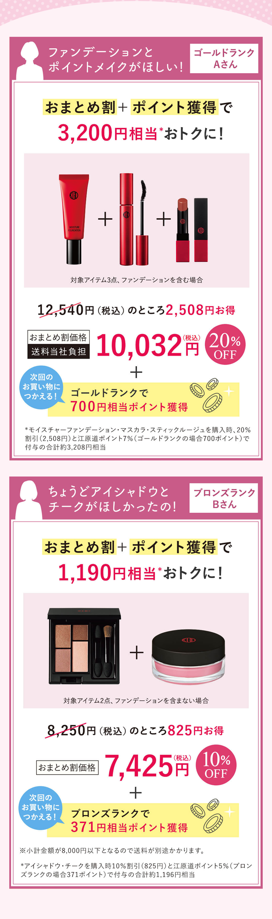 ファンデーションとポイントメイクがほしい！ゴールドランク Aさんおまとめ割＋ポイント獲得で3,200円相当* おトクに！対象アイテム3点、ファンデーションを含む場合12,540円（税込）のところ2,508円お得おまとめ割価格送料当社負担10,032円（税込）20%OFF＋次回のお買い物につかえる！ゴールドランクで700円相当ポイント獲得*モイスチャーファンデーション・マスカラ・スティックルージュを購入時、20%割引（2,508円）と江原道ポイント7%（ゴールドランクの場合700ポイント）で付与の合計約3,208円相当ちょうどアイシャドウとチークがほしかったの！ブロンズランク Bさんおまとめ割＋ポイント獲得で1,190円相当* おトクに！対象アイテム2点、ファンデーションを含まない場合8,250円（税込）のところ825円お得おまとめ割価格7,425円（税込）10% OFF＋次回のお買い物につかえる！ブロンズランクで371円相当ポイント獲得※小計金額が8,000円以下となるので送料が別途かかります。*アイシャドウ・チークを購入時10%割引（825円）と江原道ポイント5%（ブロンズランクの場合371ポイント）で付与の合計約1,196円相当