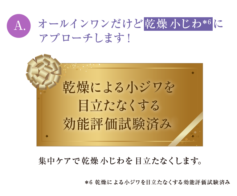 A.オールインワンだけど乾燥小じわにアプローチします！乾燥による小ジワを目立たなくする効能評価試験済み集中ケアで乾燥小じわを目立たなくします。