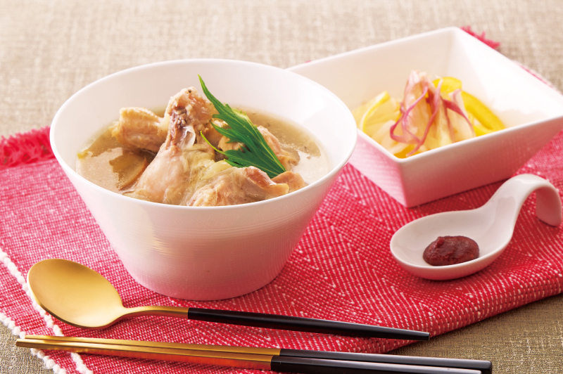 よもぎの参鶏湯と大根とみょうがの爽やか漬け