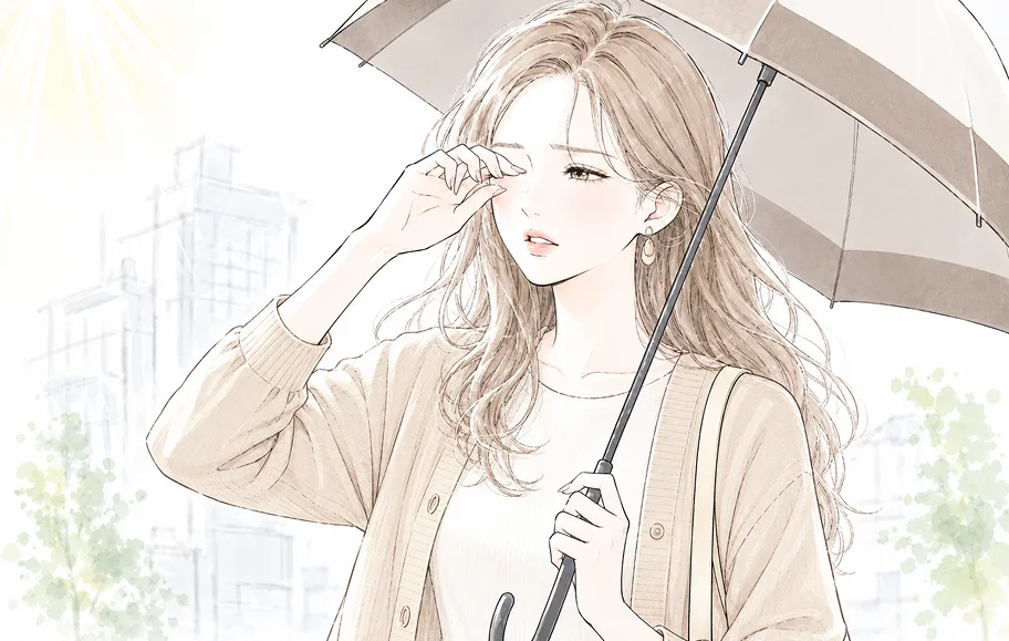日傘を差して目をこする女性のイラスト