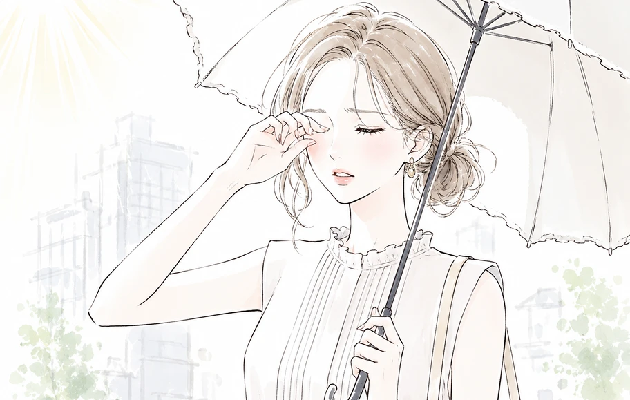 日傘を差して目をこする女性のイラスト